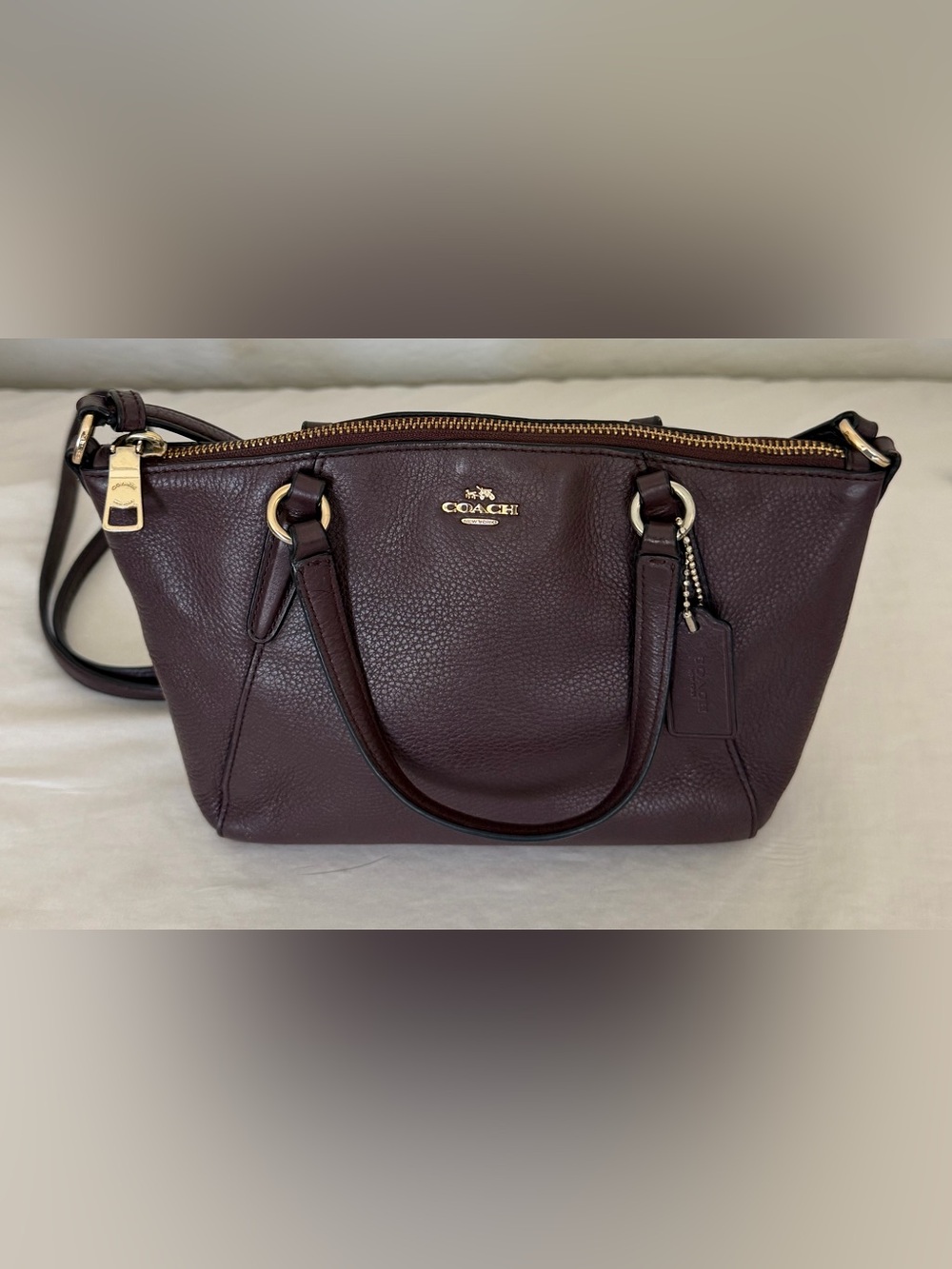 Coach Pebbled Leather mini Kelsey  Satchel in Burgundy with Gold Hardware